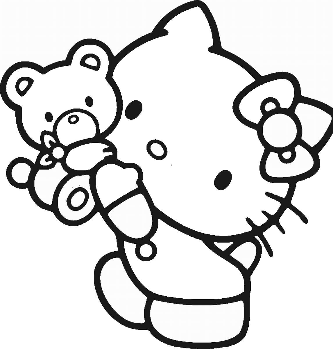 Dibujos de Hello Kitty con Oso de Peluche para colorear