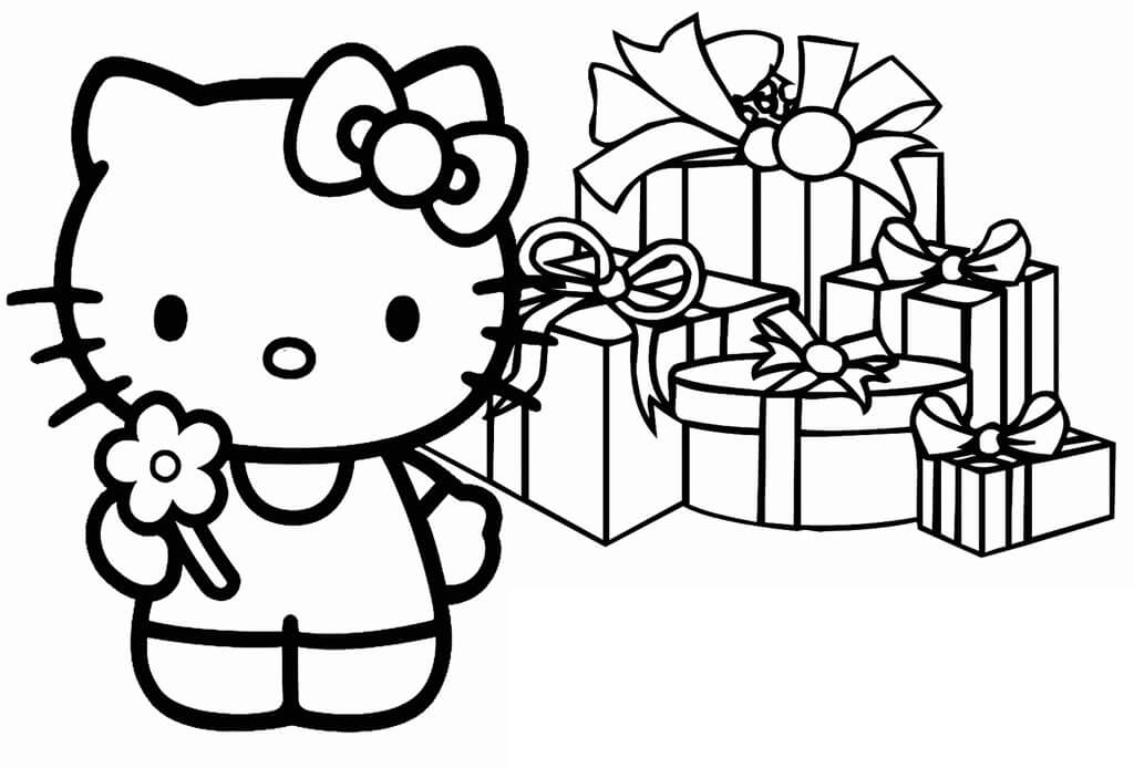Dibujos de Hello Kitty con cajas de Regalo para colorear