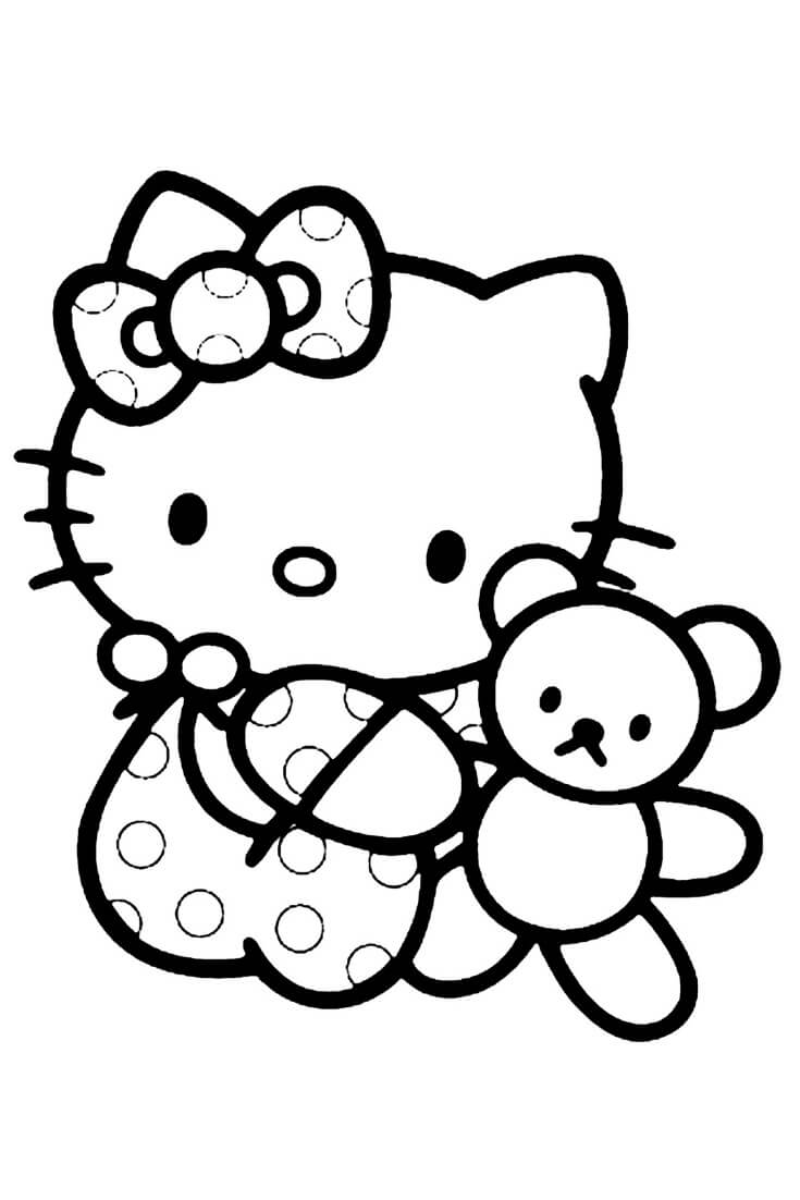 Dibujos de Hello Kitty con osito de Peluche para colorear