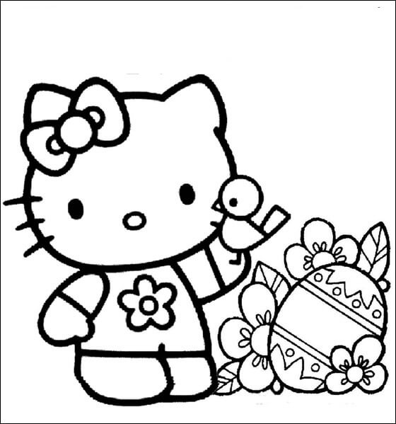 Dibujos de Hello Kitty con pollito y Huevo de Pascua para colorear