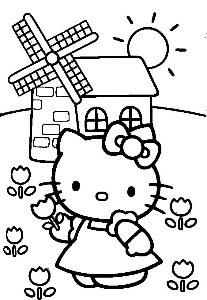 Dibujos de Hello Kitty en el Jardín de Flores para colorear