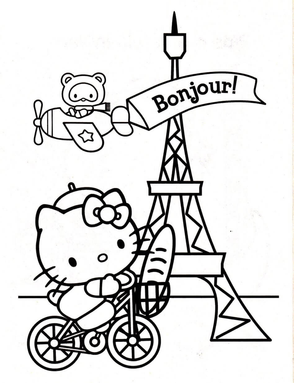 Dibujos de Hello Kitty en la ciudad de París para colorear