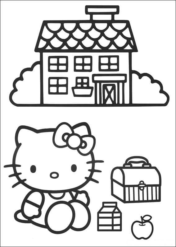 Hello Kitty sentada Afuera de la Casa para colorir