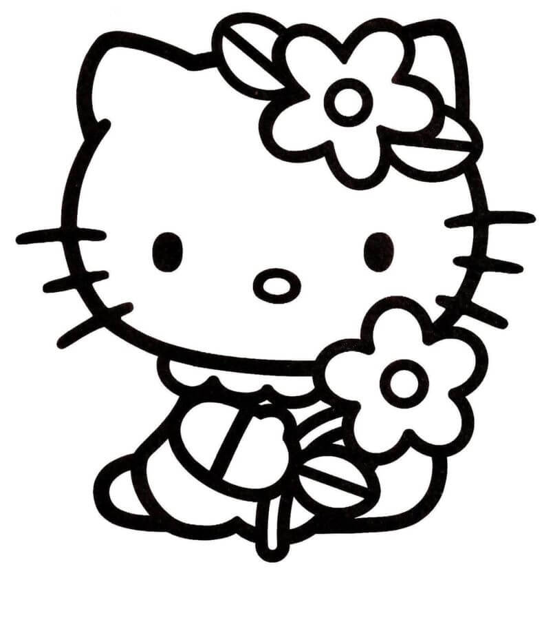 Dibujos de Hello Kitty sosteniendo Flor para colorear