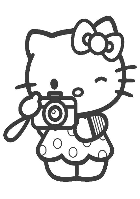 Dibujos de Hello Kitty sosteniendo la Cámara para colorear