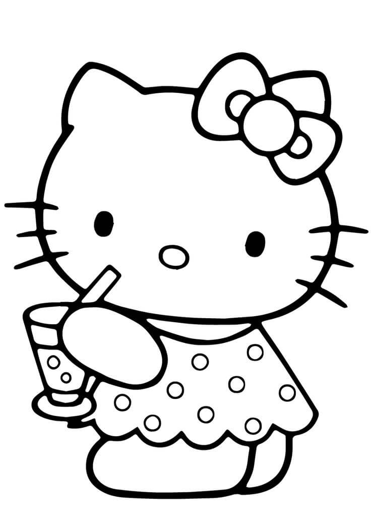 Dibujos de Hello Kitty sosteniendo un vaso de Agua para colorear