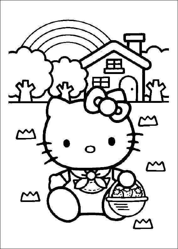 Dibujos de Hello Kitty sosteniendo una Bolsa de Frutas para colorear
