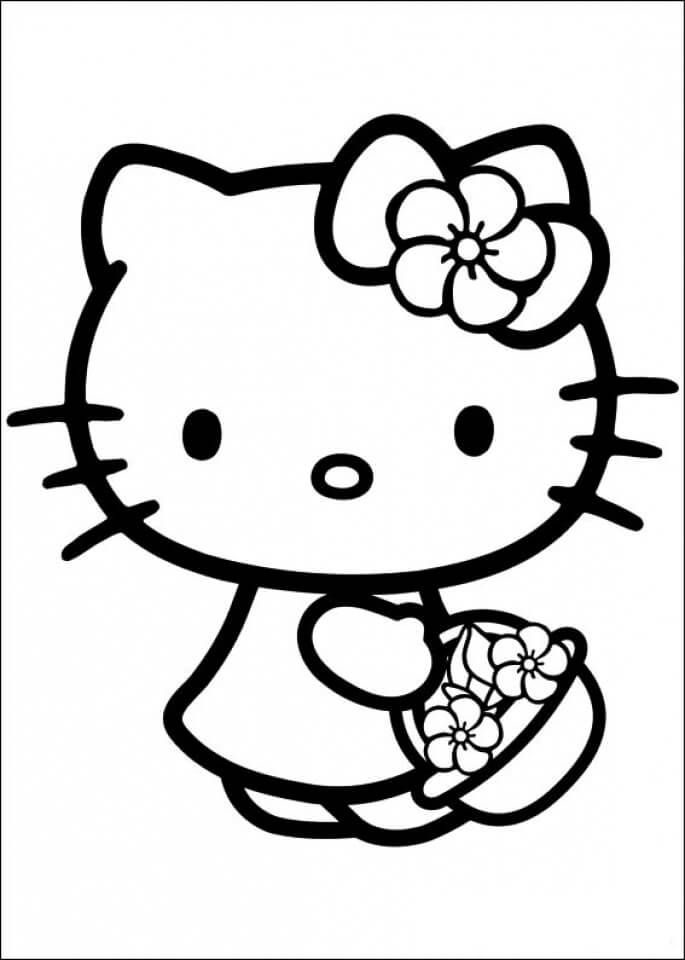 Dibujos de Hello Kitty sosteniendo una Canasta de Flores para colorear