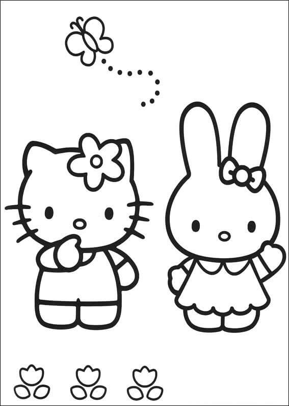 Dibujos de Hello Kitty y Conejo para colorear