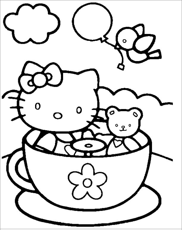 Dibujos de Hello Kitty y Teddy Bear en Taza para colorear