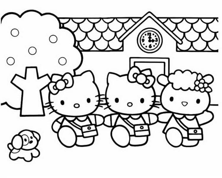 Dibujos de Hello Kitty y sus Amigos van a la Escuela para colorear
