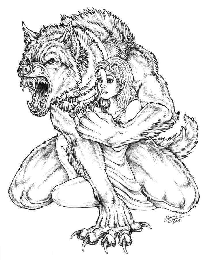 Hombre Lobo Abrazar Mujer para colorir