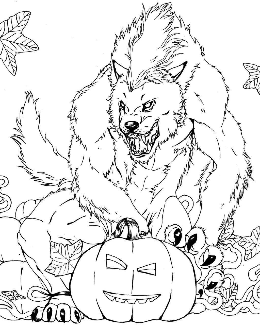 Hombre Lobo en Calabaza en Halloween para colorir