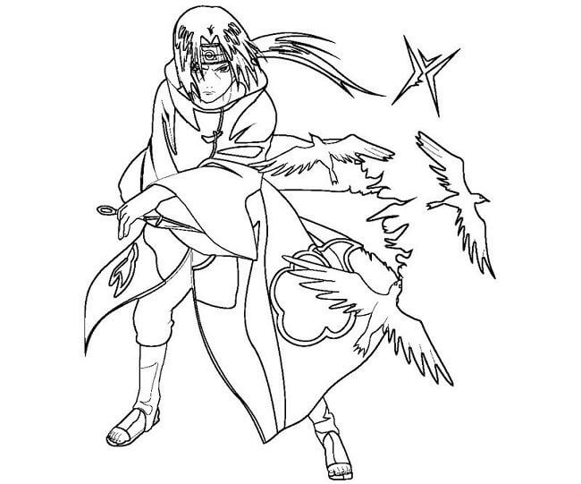 Dibujos de Itachi Sosteniendo Kunai y Cuervo para colorear