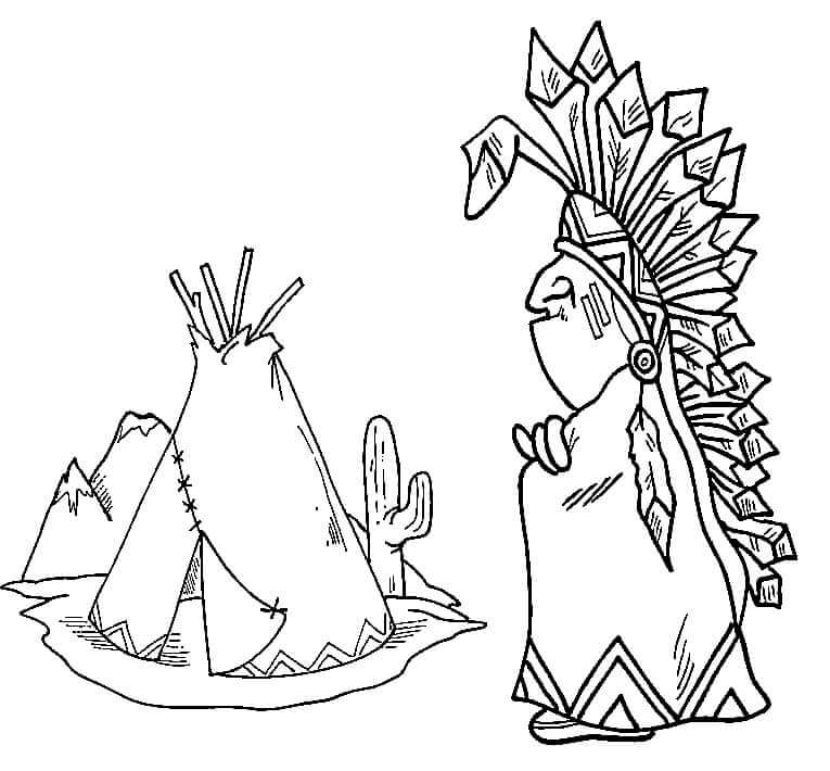 Jefe Indio, Wigwam, Montañas, Cactus para colorir