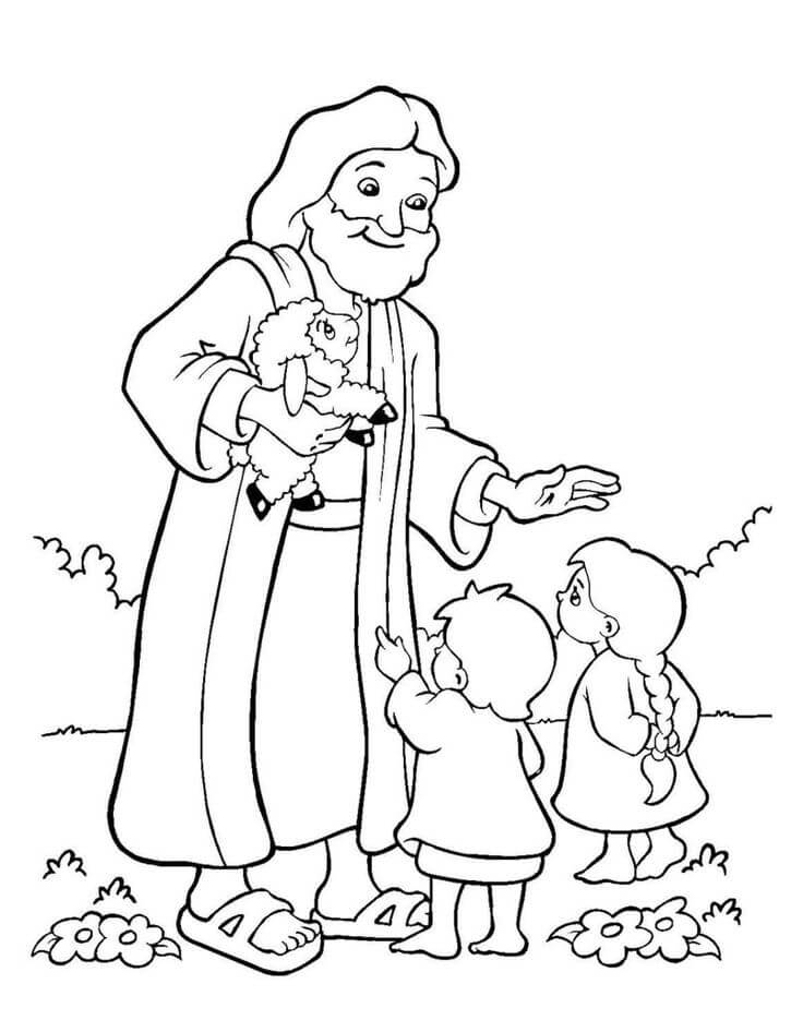 Jesús con Ovejas y dos Hijos para colorir