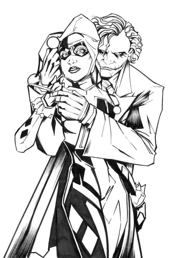 Joker Abrazando a Harley Quinn para colorir