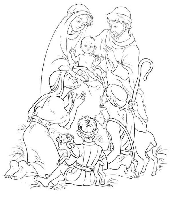 Dibujos de José el Desposado y la Santísima Madre De Dios Con El Divino Niño En Brazos para colorear