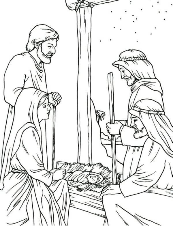 José y la Santísima Madre de Dios Muestran A Los Magos el Divino Niño para colorir