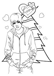 Dibujos de Justin Bieber y el Árbol de Navidad para colorear