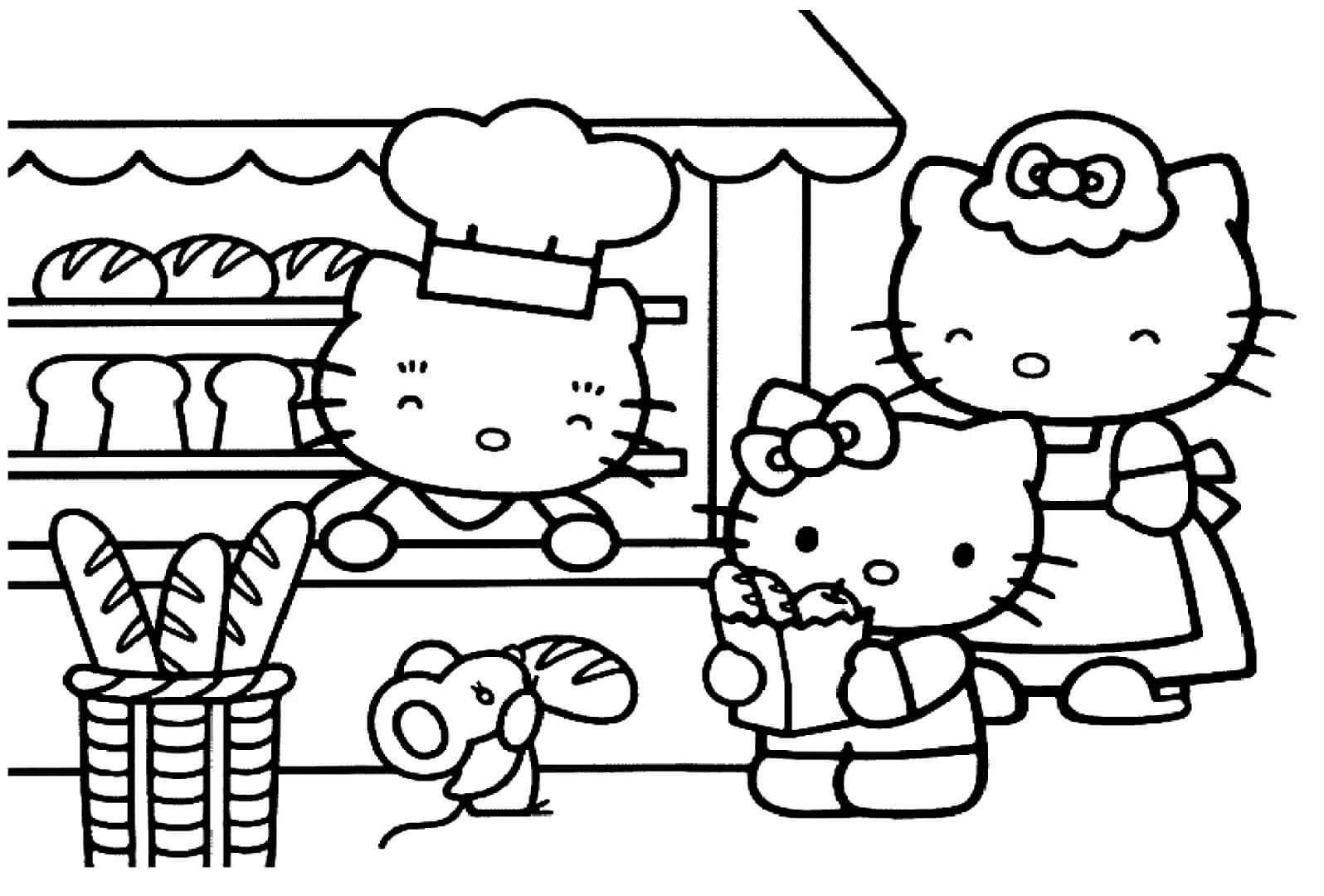 Dibujos de La Familia de Hello Kitty en la Panadería para colorear