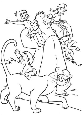 Dibujos de La Familia india Mowgli Baloo y Bagheera para colorear