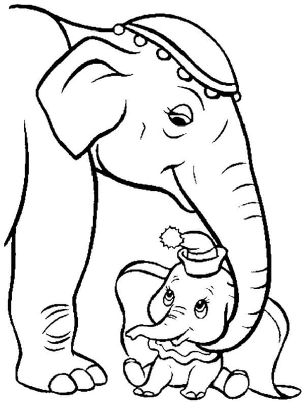 Dibujos de La Madre Elefante y su Bebé Elefante Dumbo Siempre Están Juntos para colorear