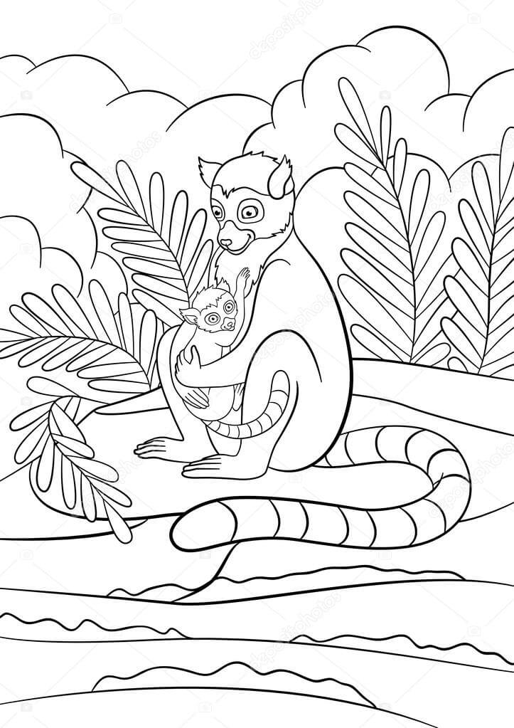 Dibujos de La Madre se Sienta en la Piedra cerca del mar con un Lindo Bebé Lemur para colorear