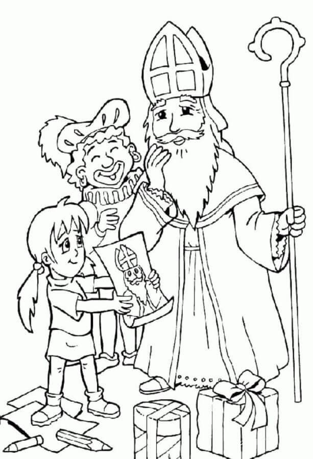 La Niña Le Muestra El Dibujo a Nikolaus. para colorir