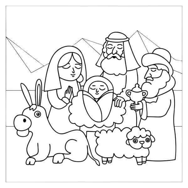 Dibujos de La Sagrada Familia Rodeó Al Bebé para colorear
