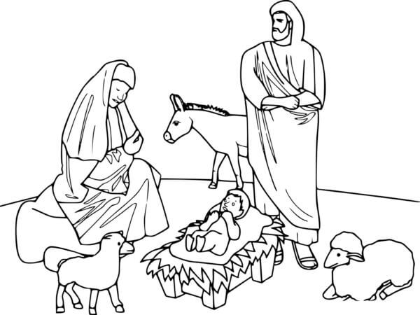 Dibujos de La Santísima Madre de Dios y José el Prometido Partieron Hacia Egipto Para Dar A Luz Tranquilamente a un Bebé para colorear