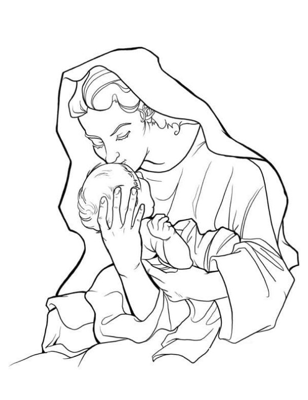 Dibujos de La Virgen María Besa a Su Ahijado para colorear