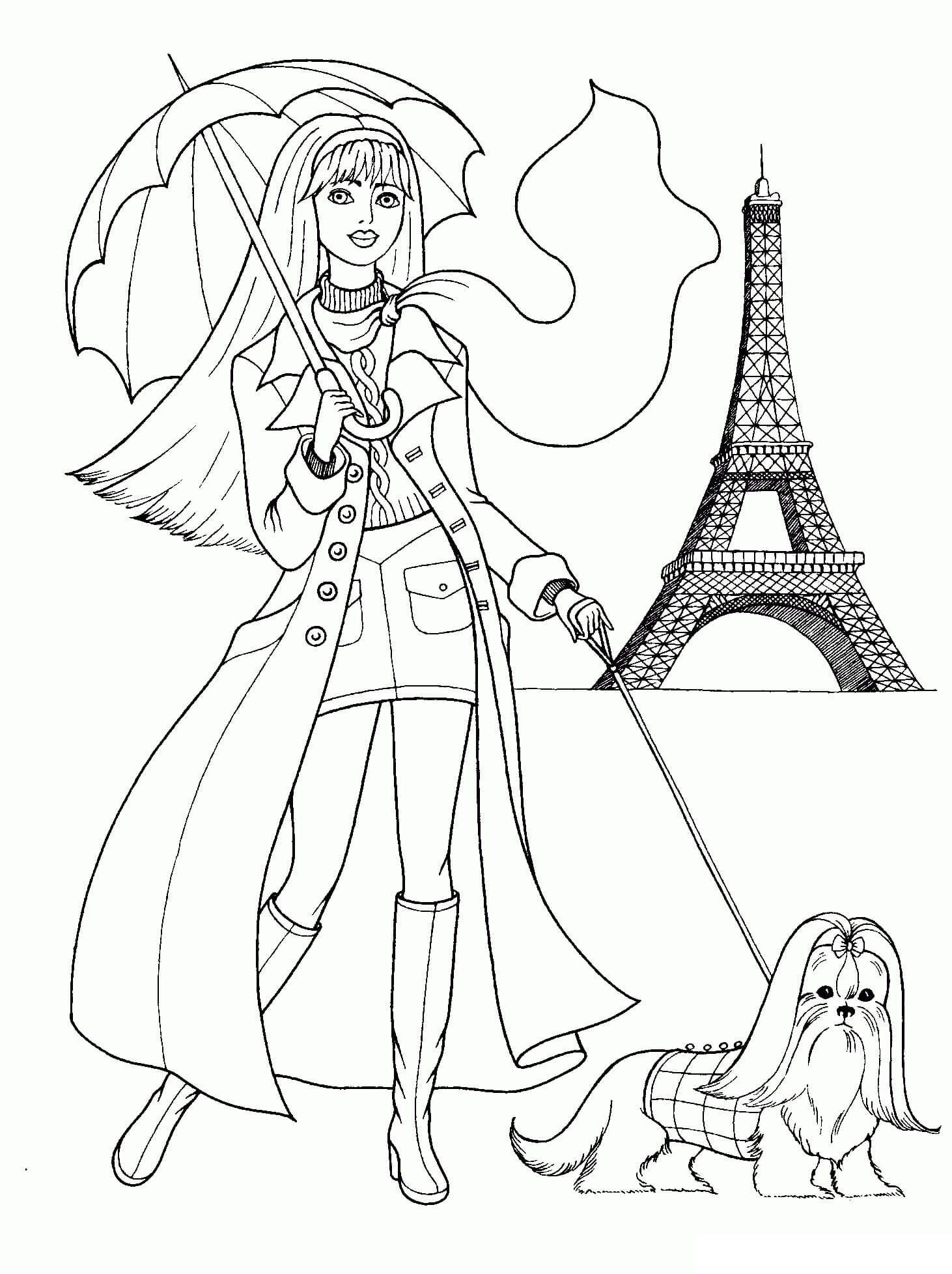 La niña Paseando al Perro y la Torre Eiffel en París para colorir