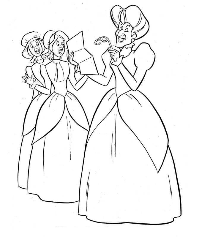 Dibujos de Lady Tremaine y dos Personajes de Cenicienta para colorear