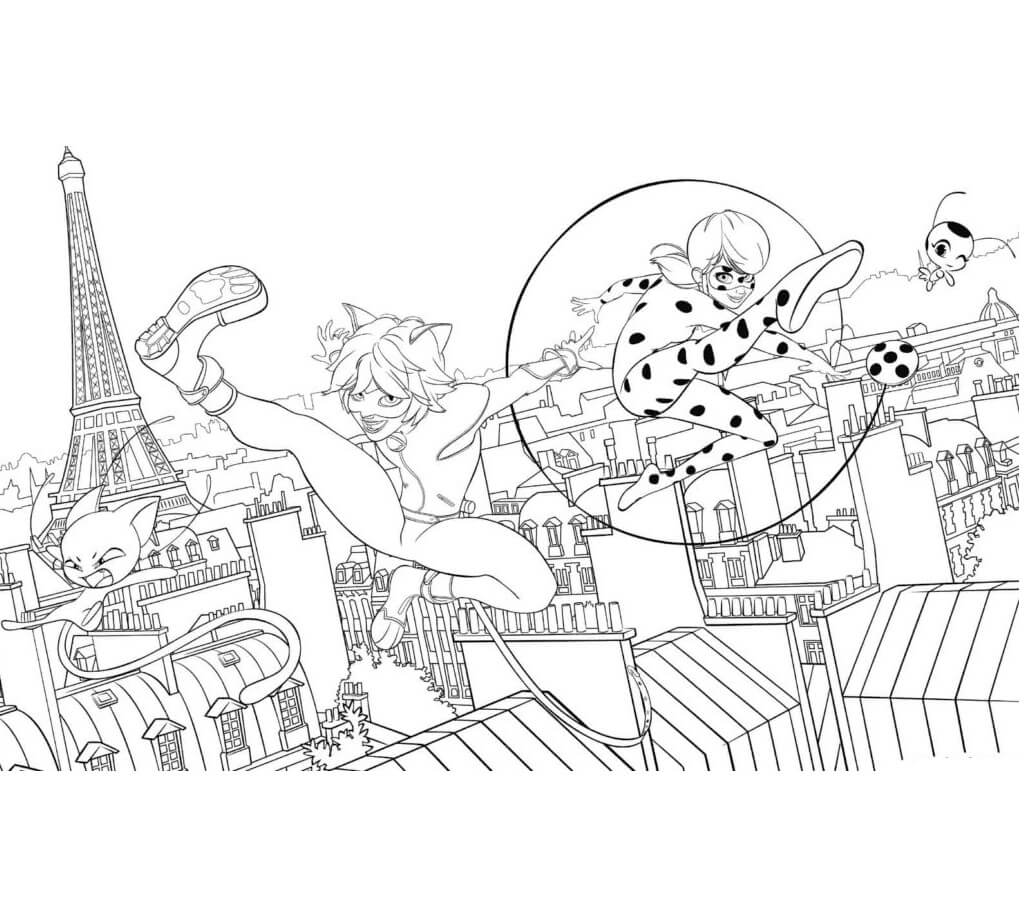 Ladybug y Cat Noir en París para colorir