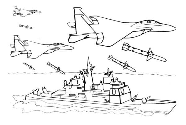 Dibujos de Lanzamiento de Bombas de Combatientes Militares en un Barco para colorear