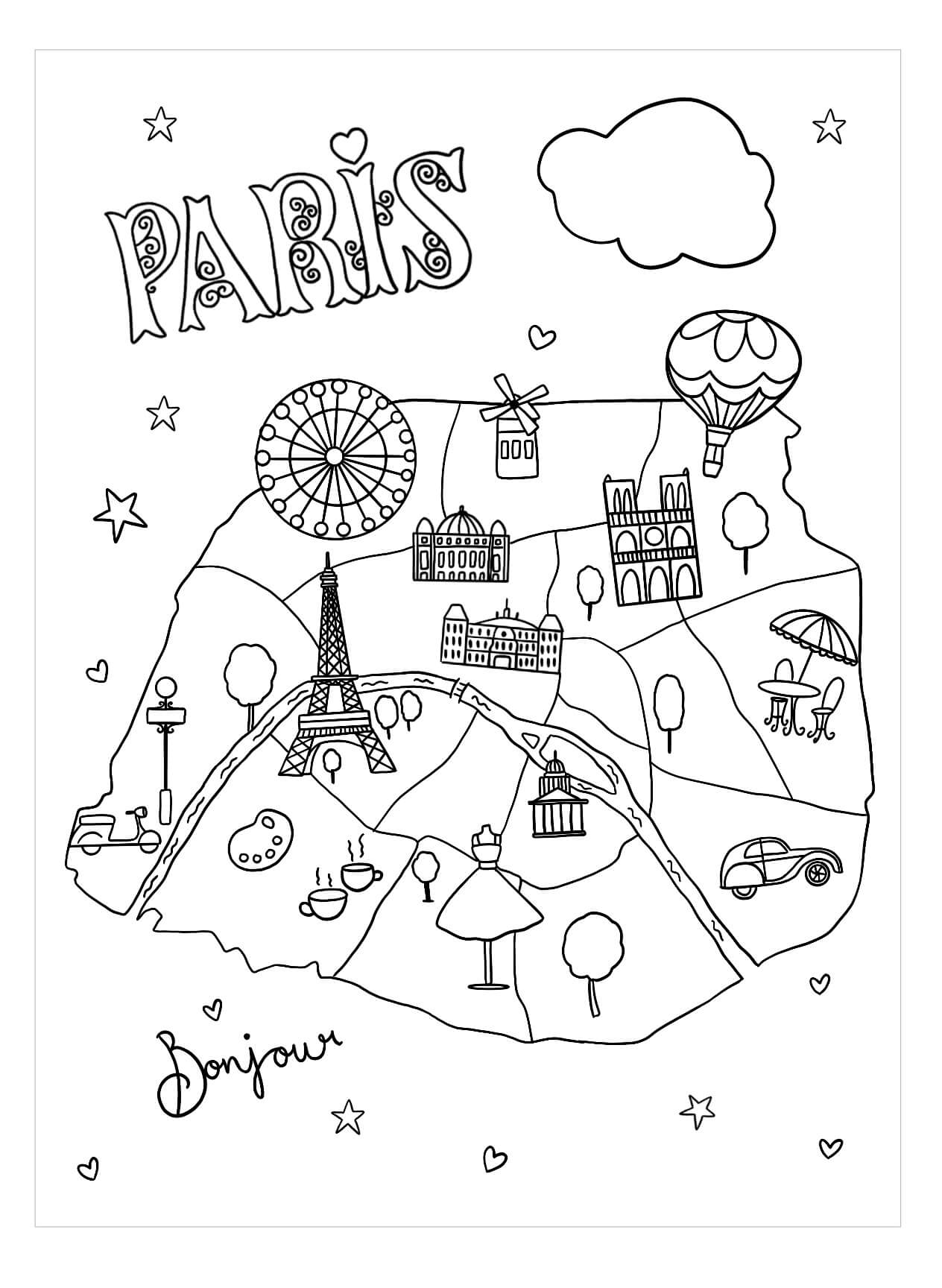 Lindo Mapa de París para colorir