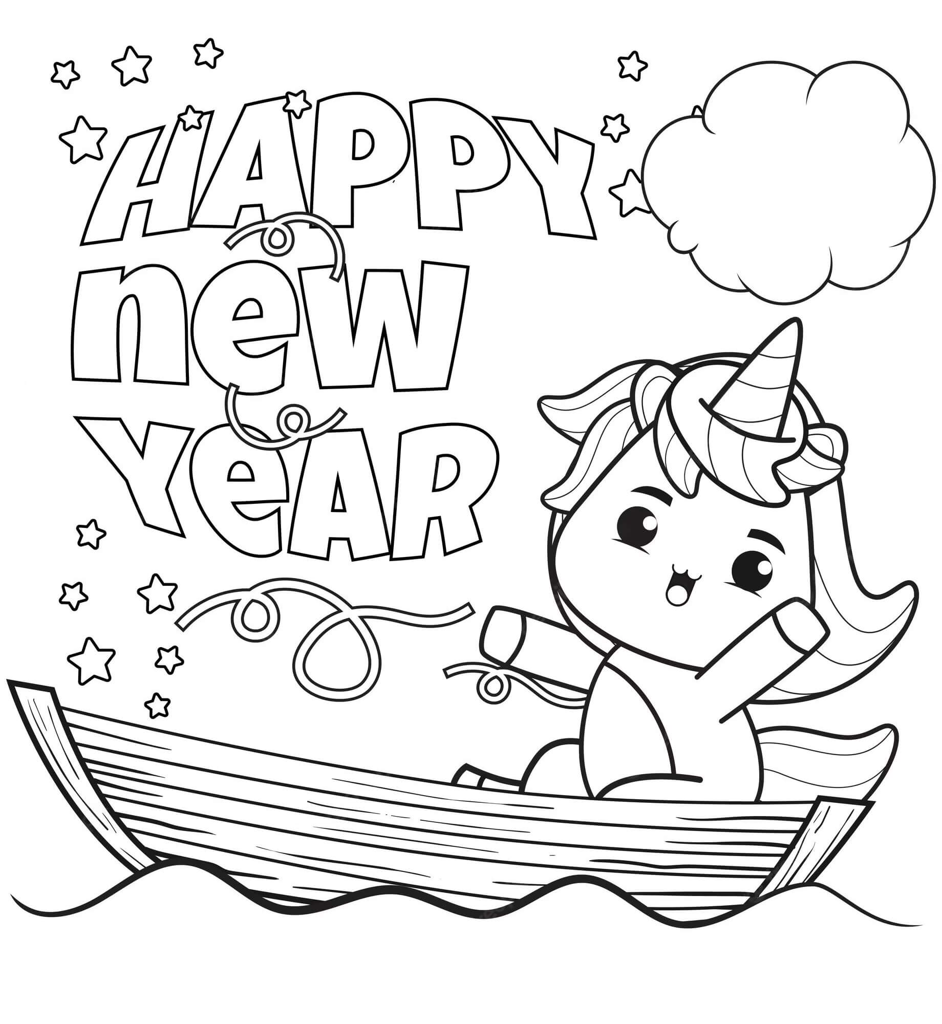 Dibujos de Lindo Unicornio En Feliz Año Nuevo para colorear