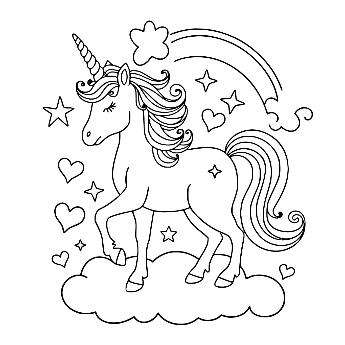 Dibujos de Lindo unicornio con arcoiris para colorear