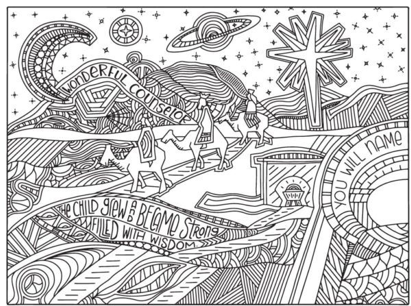 Dibujos de Los Reyes Magos Han Recorrido un Largo Camino Hasta el Divino Infante para colorear