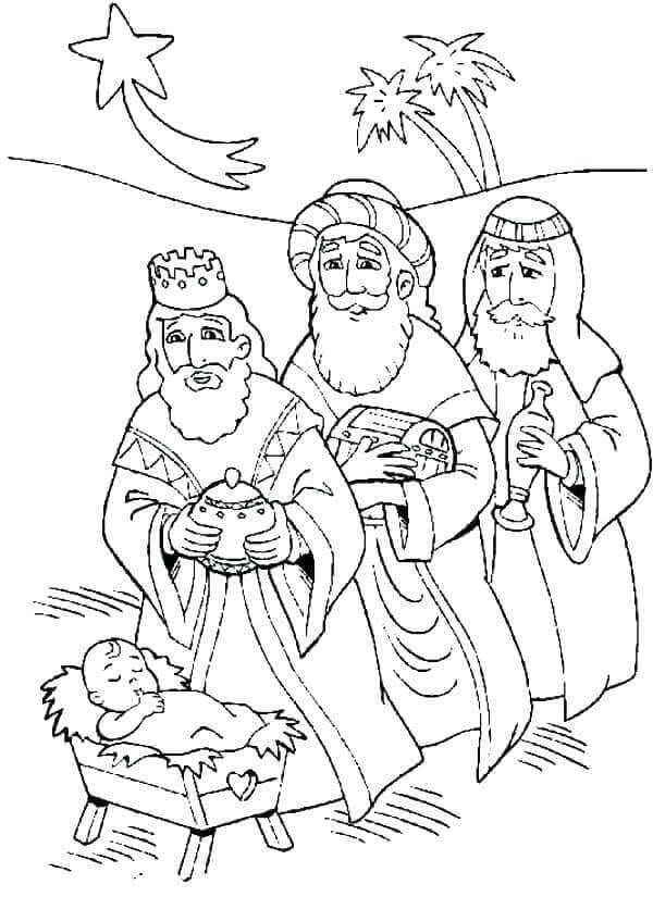 Dibujos de Los Reyes Magos Vinieron con Regalos a Jesús para colorear