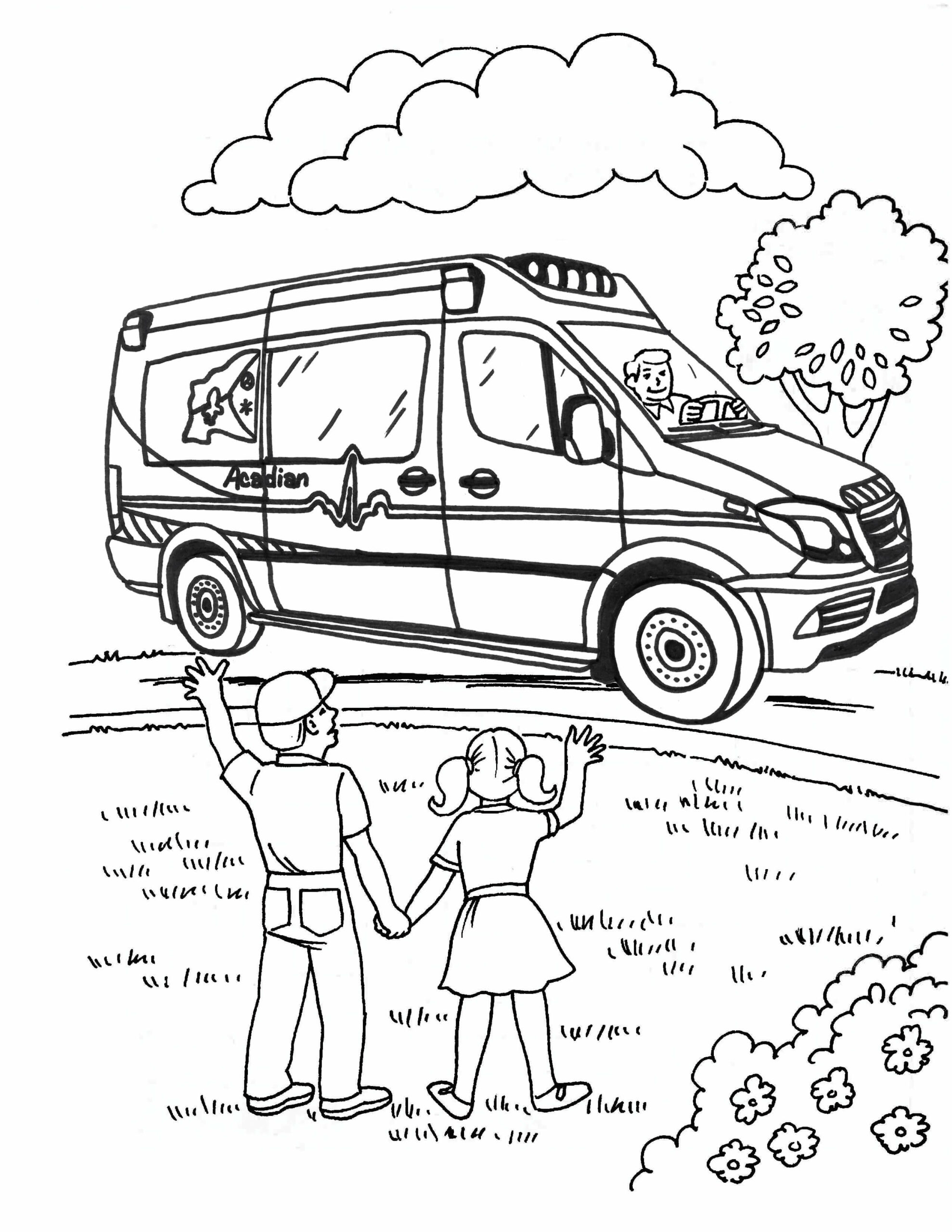 Dibujos de Los dos Niños Saludaron a una Ambulancia para colorear