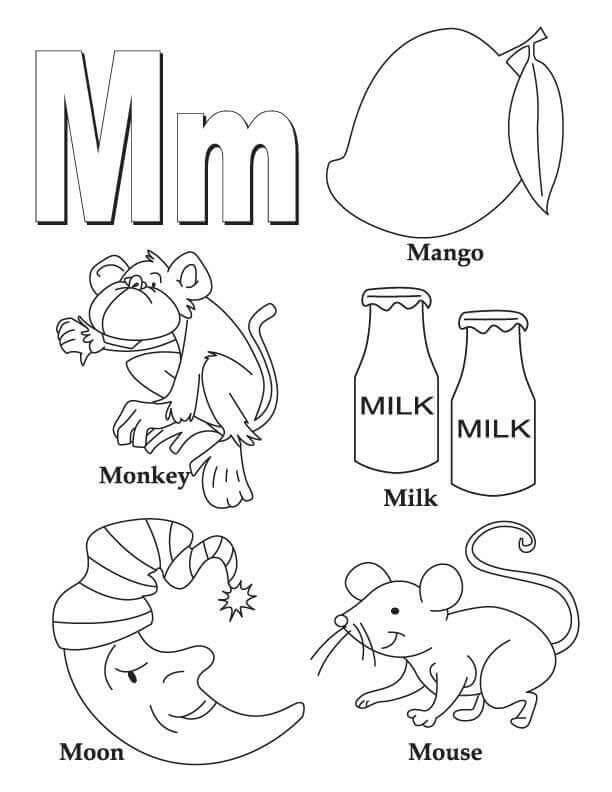 Luna, Ratón, Leche, Mango Y Mikey Letra M para colorir