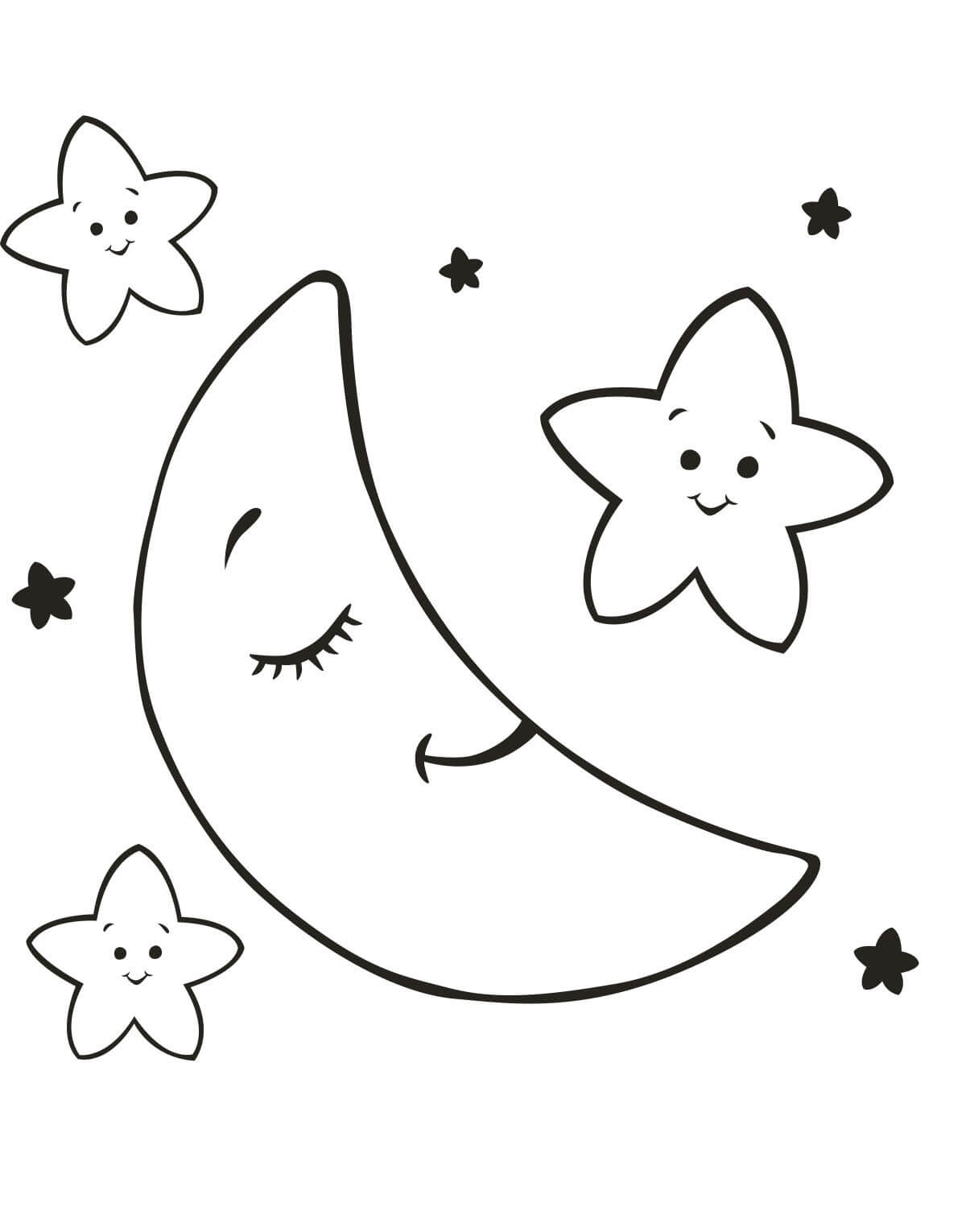 Dibujos de Luna de Dibujos Animados y tres Estrellas para colorear