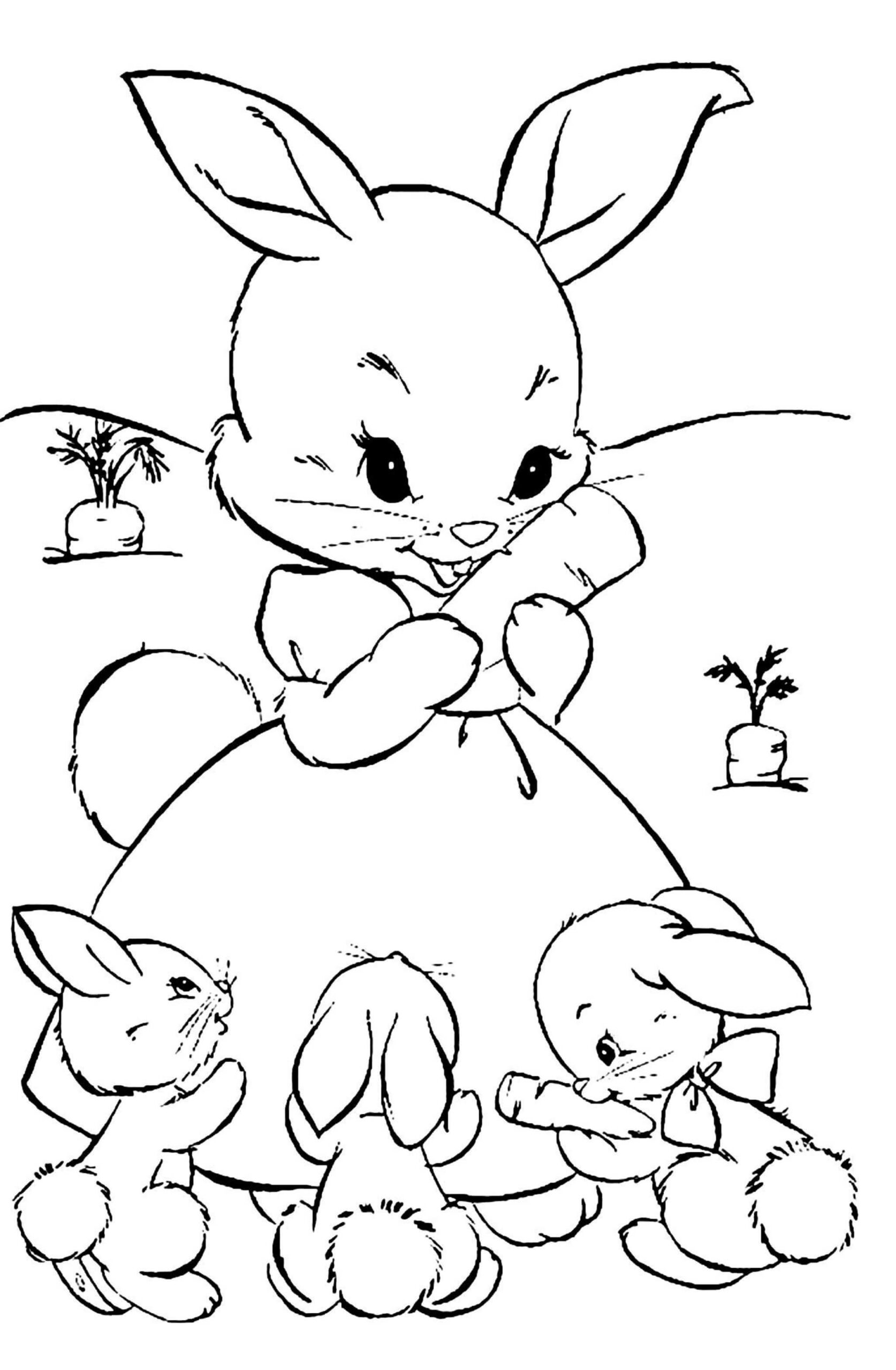 Dibujos de Madre De Conejos Y Tres Conejos Bebés para colorear
