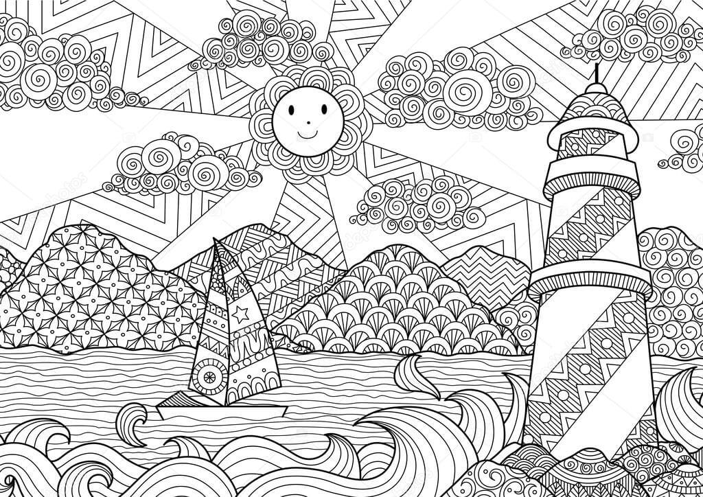 Dibujos de Mandala Hermoso Amanecer en el Mar para colorear