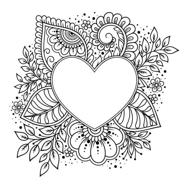 Dibujos de Mandala de Corazón con Hojas para colorear