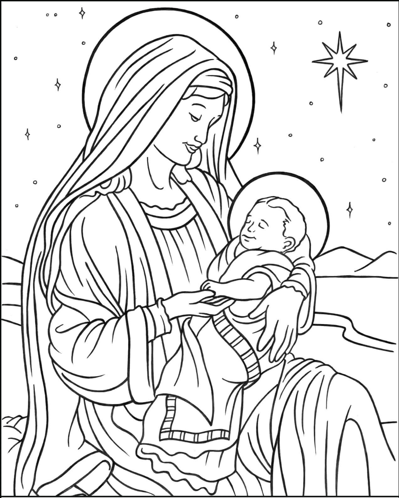 María con el Niño Jesús en Belén para colorir