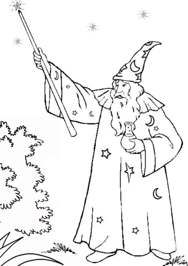 Dibujos de Merlín el mago Sosteniendo una Varita Mágica para colorear
