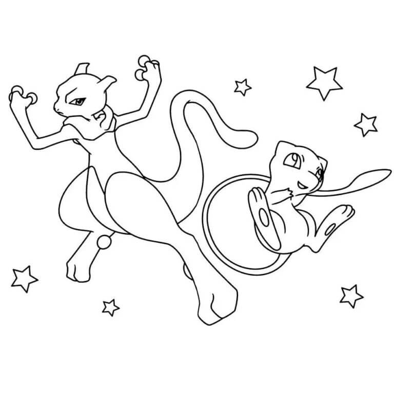 Dibujos de Mewtwo vs Mew con Estrellas para colorear